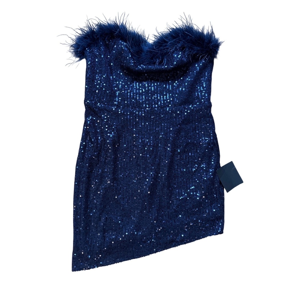 Lulus Sequin‎ Feather Mini Dress Women Navy NEW Strapless Asymmetrical SIZE L